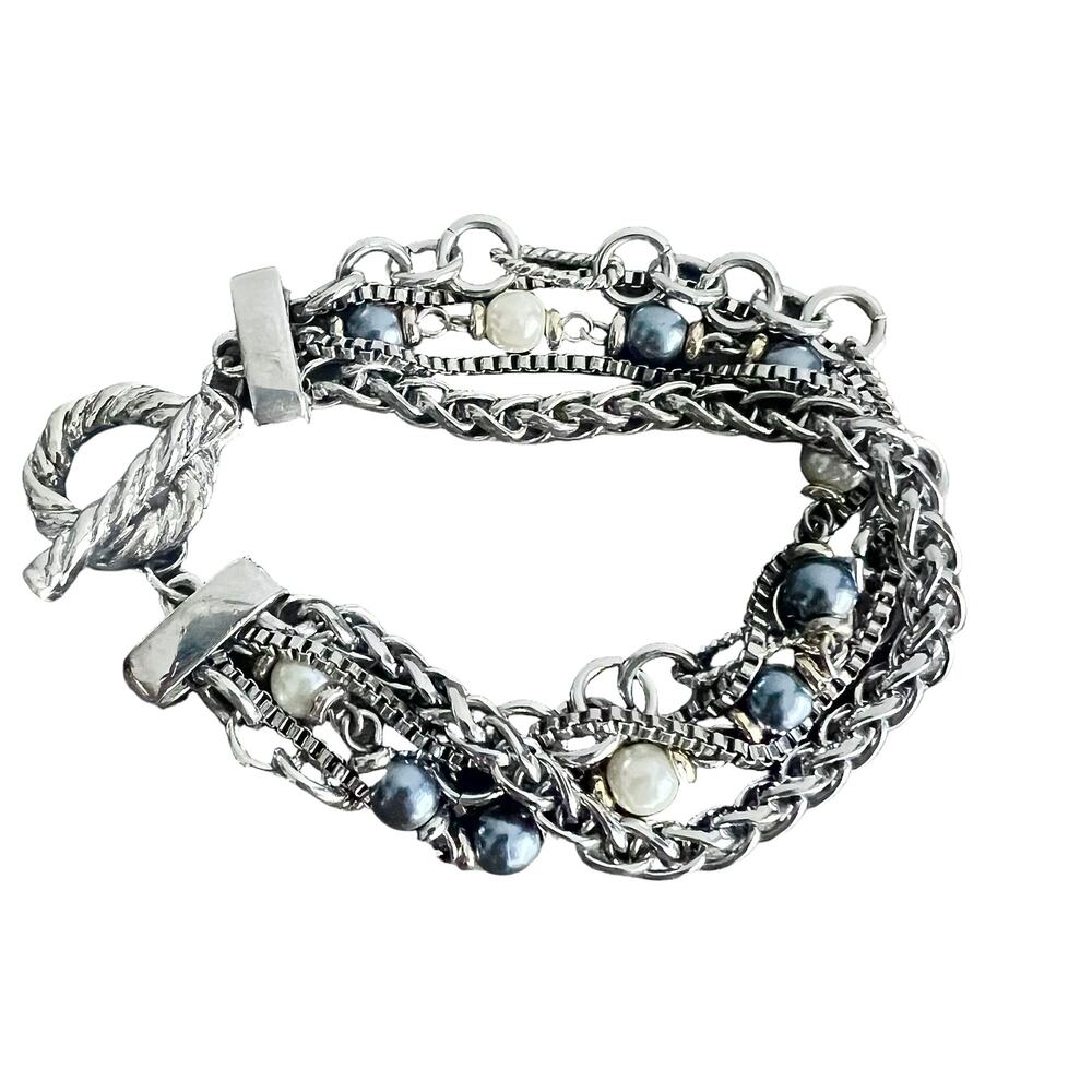 Mixed Media Faux Cream and Blue Pearl and Silver Chain T Clasp Bracelet
